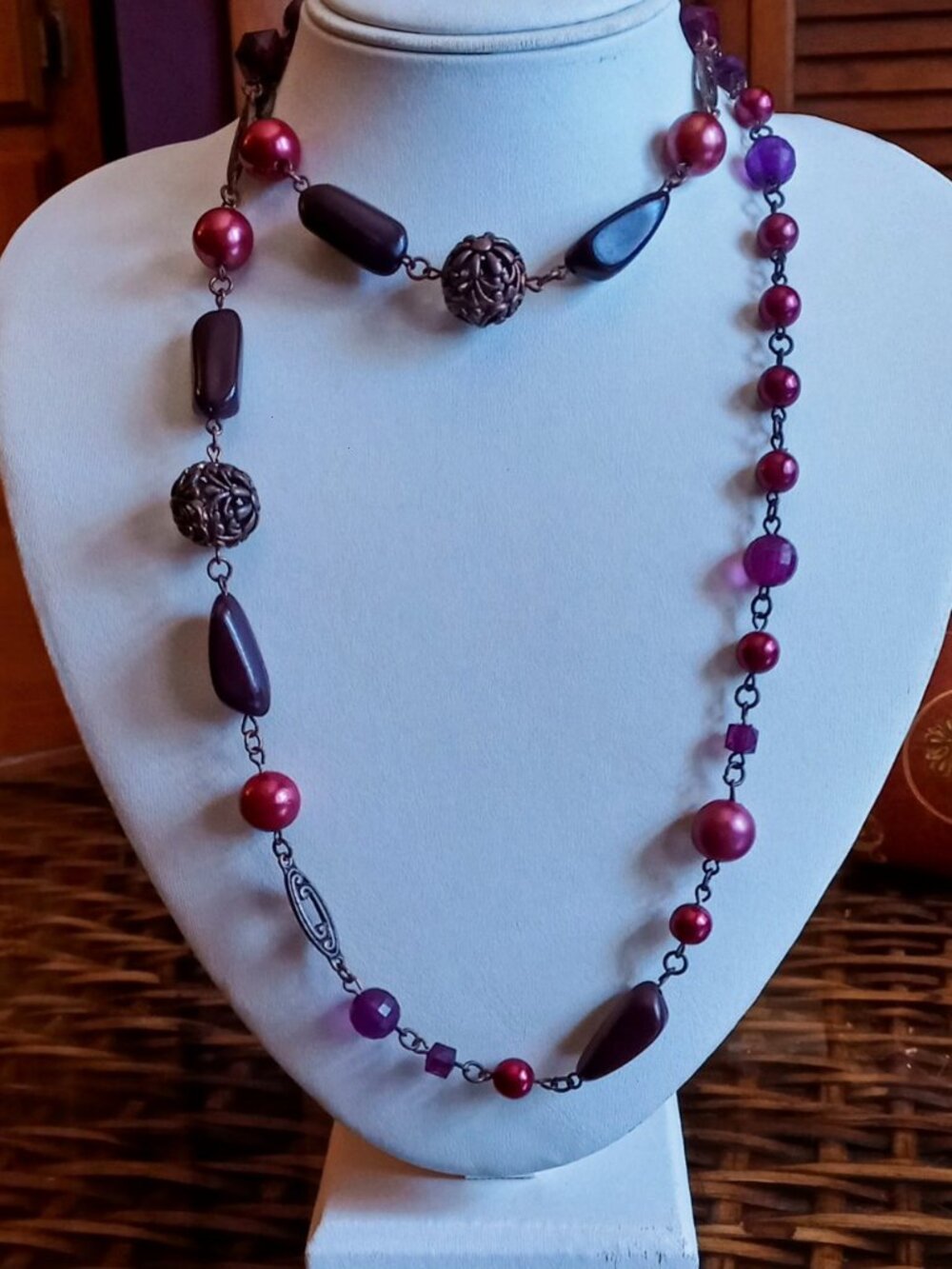Chico's Gorgeous Raspberry Bronze Vintage Multicolor Beaded Metal Long Necklace
